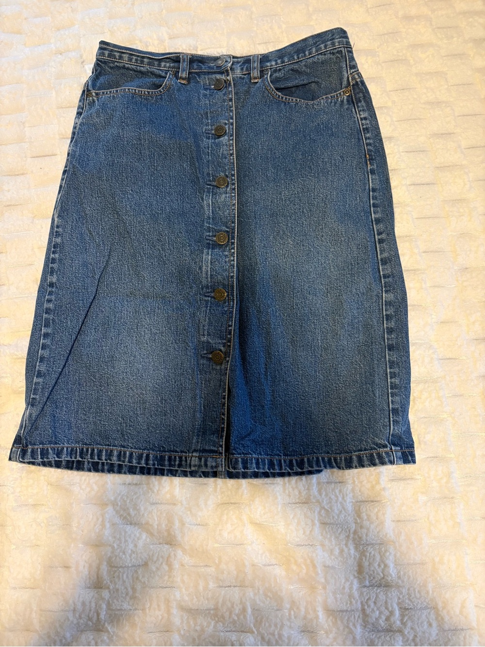 Eddie Bauer Denim Button-Front Midi Skirt in Blue